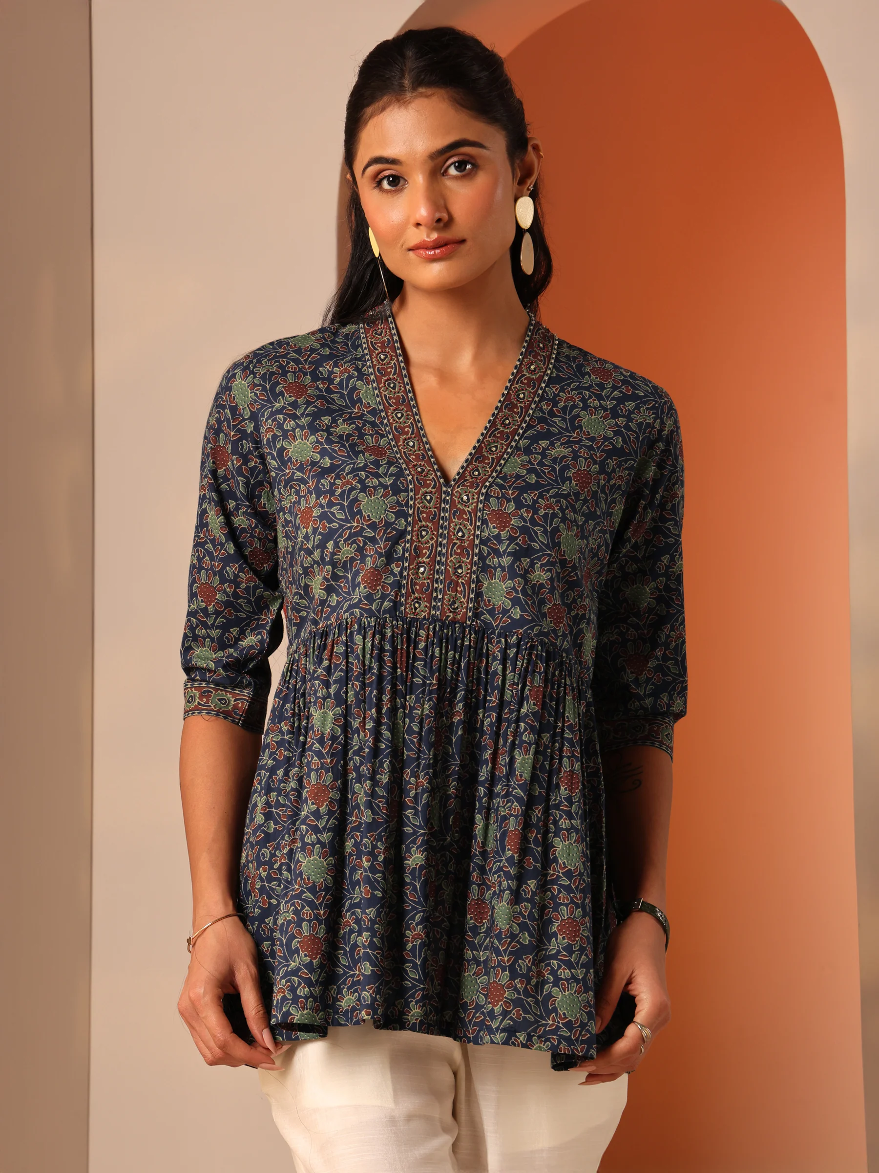Blue Printed Cotton Anarkali Short Kurti